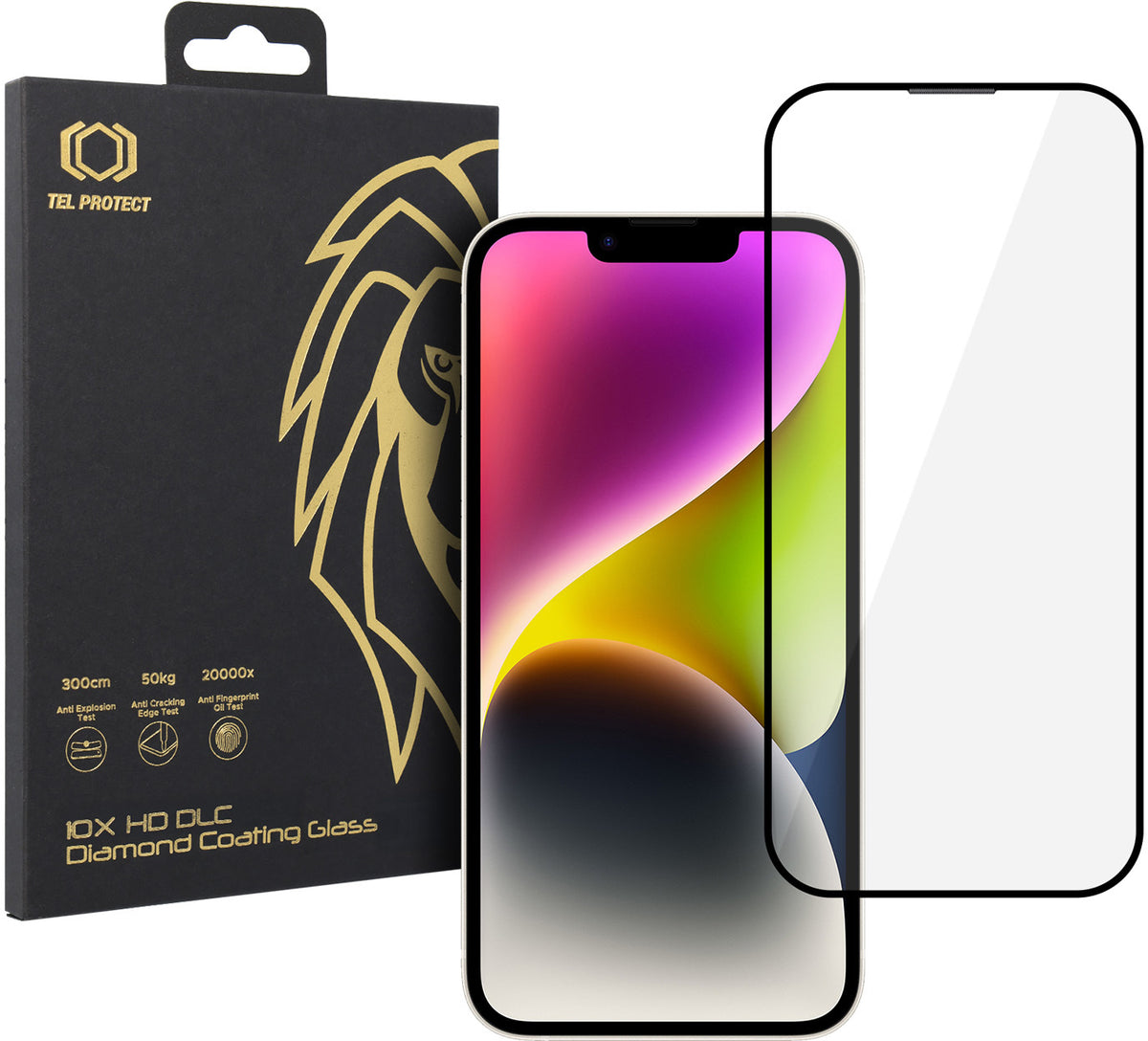 Pellicola protettiva per schermo Tel Protect 10X HD DLC Diamond Coating per Apple iPhone 17e / 16e / 14 / 13 Pro / 13, Vetro temperato, Full Glue, Nera