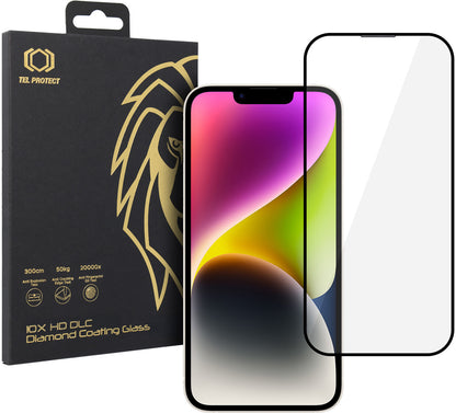 Pellicola protettiva per schermo Tel Protect 10X HD DLC Diamond Coating per Apple iPhone 17e / 16e / 14 / 13 Pro / 13, Vetro temperato, Full Glue, Nera