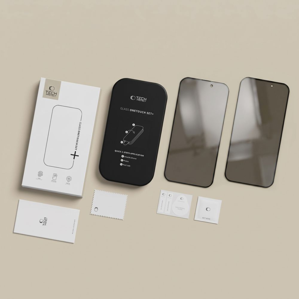 Pellicola protettiva per schermo Privacy Tech-Protect OneTouch per Apple iPhone 18 Pro Max, Vetro temperato, Full Glue, Set 2 pezzi