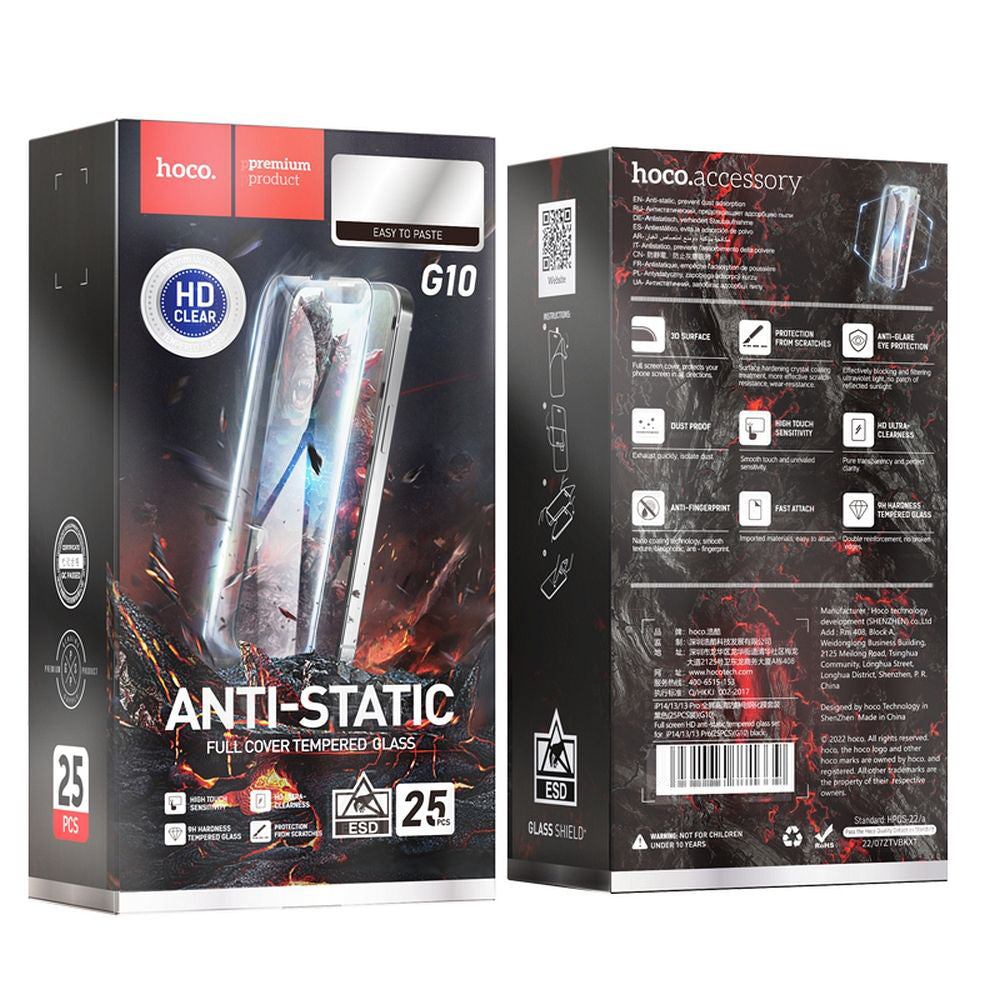Film de protection d'écran HOCO pour Apple iPhone 14 Pro Max, Verre Trempé, Full Glue, Lot de 25 pièces, Noir