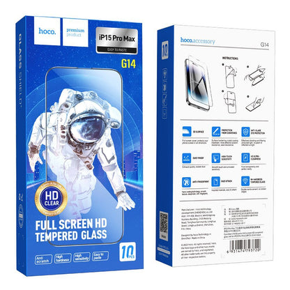 Pellicola protettiva Schermo HOCO G14 per Apple iPhone 15 Pro Max, Vetro Temperato, Full Glue, Set 10 pezzi, 5D, Nera