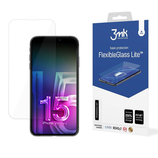 Pellicola protettiva per schermo 3MK FlexibleGlass Lite per Apple iPhone 15, Vetro Flessibile, Colla Completa