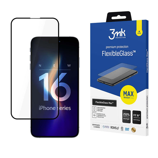 Pellicola protettiva per schermo 3MK FlexibleGlass Max per Apple iPhone 16 Pro, Vetro Flessibile, Full Glue, Nero