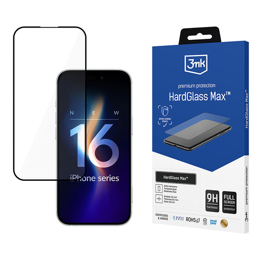Pellicola protettiva per schermo 3MK HardGlass Max per Apple iPhone 16 Pro, Vetro temperato, Full Glue, Nero