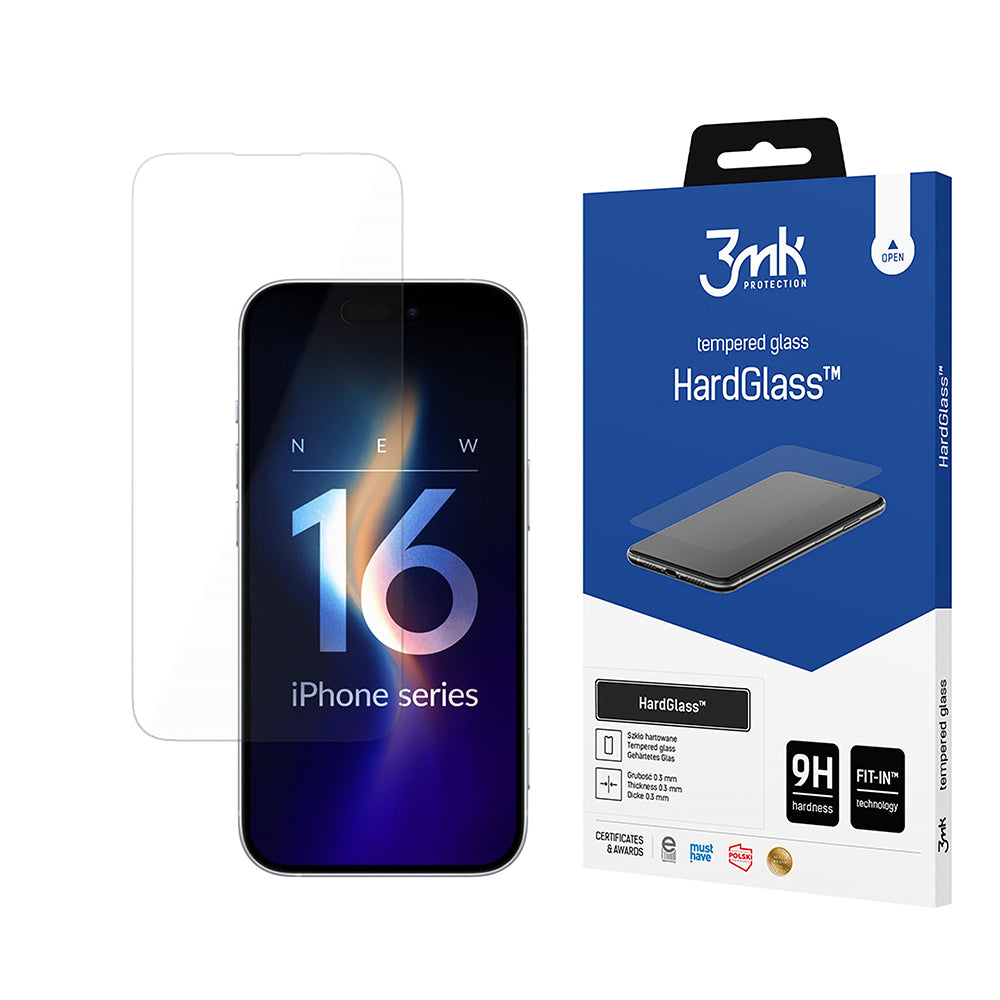 3MK HardGlass Screen Protector for Apple iPhone 16, Tempered Glass, Full Glue