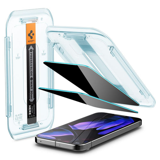 Film de protection d'écran Privacy Spigen GlastR EZ FIT pour Google Pixel 9 / 9 Pro, Verre trempé, Collage complet, Lot de 2 pièces