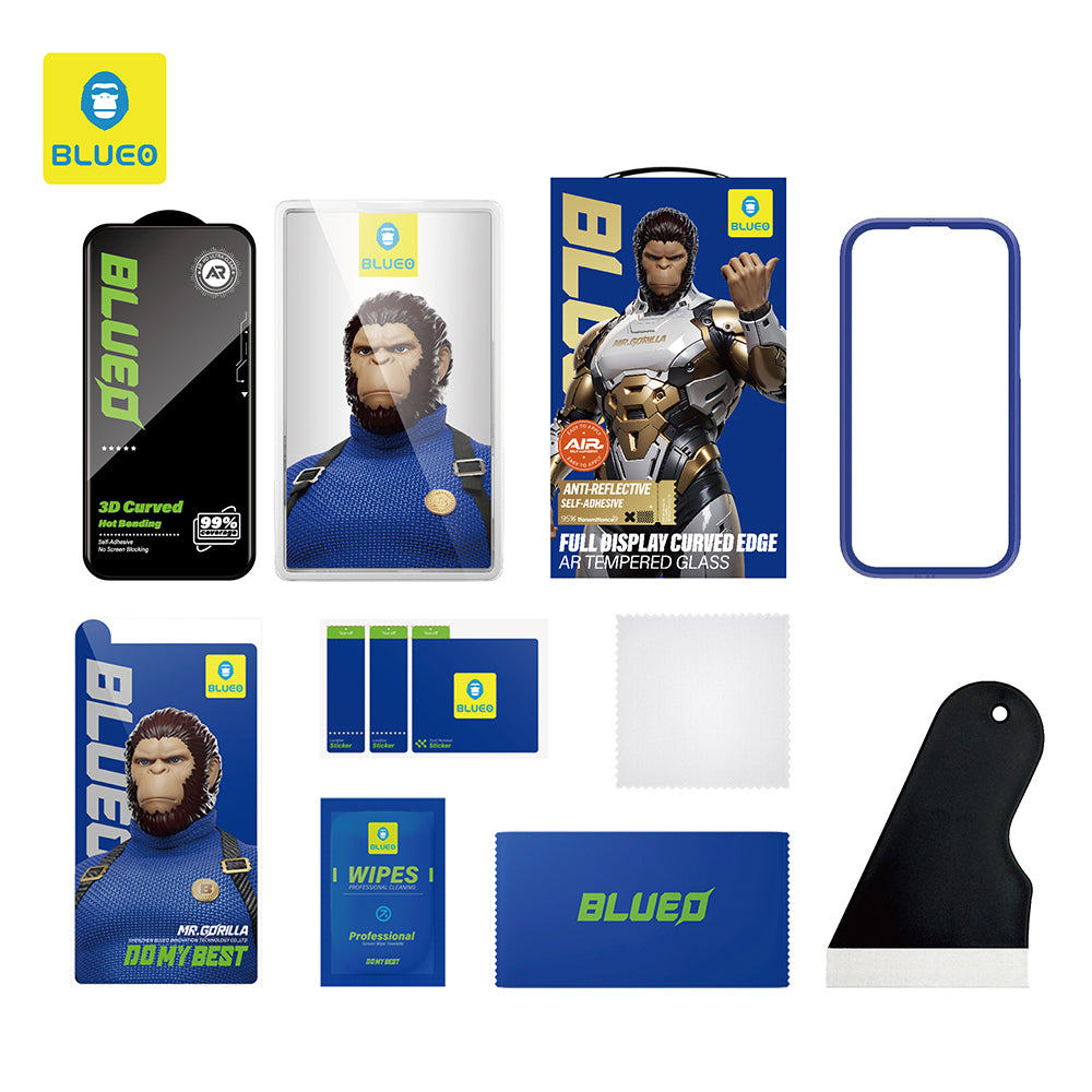 Pellicola protettiva per schermo Blueo Curved Edge AR Applicator per Apple iPhone 18 Pro Max / 17 Pro Max, vetro temperato, Full Glue, 3D, nera