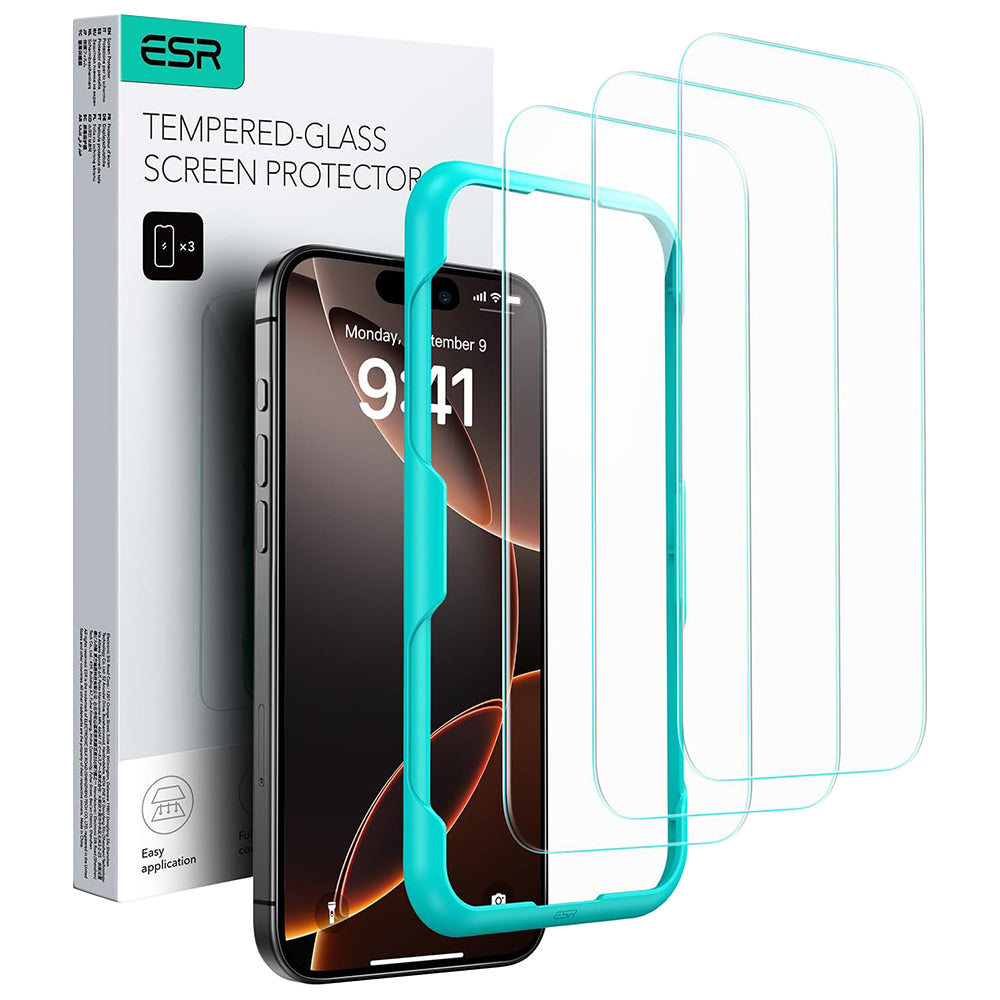 Schutzfolie ESR Bildschirm für Apple iPhone 17 / 16 Pro, Gehärtetes Glas, Vollverklebung, Set 3 Stück