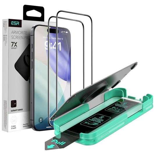 Film de protection écran ESR Armorite UltraFit pour Apple iPhone 17 Pro Max, Verre Trempé, Full Glue, Lot de 2 pièces, Noir.