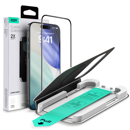 Schutzfolie ESR UltraFit für Apple iPhone 17 / 16 Pro, gehärtetes Glas, vollflächig klebend, Schwarz