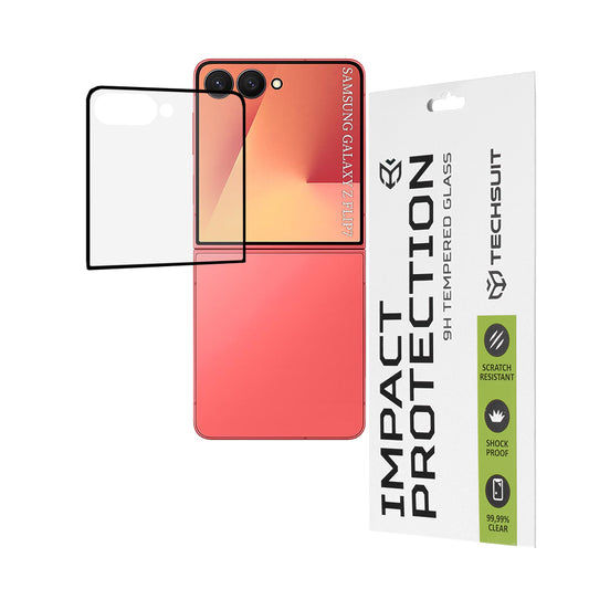 Film de protection écran extérieur Techsuit pour Samsung Galaxy Z Flip7 F766, verre trempé, adhésif complet, 111D, noir