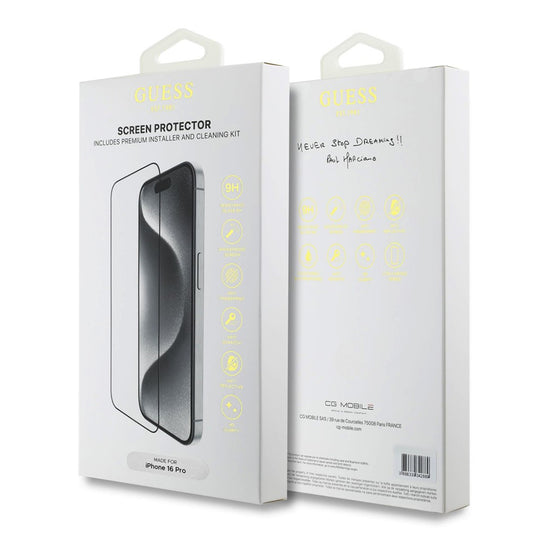 Pellicola Protettiva Schermo Guess Classic Outline per Apple iPhone 16 Pro Max, Vetro Temperato, Full Glue, 2.5D, Nera GUTGP16XBOKGCIT
