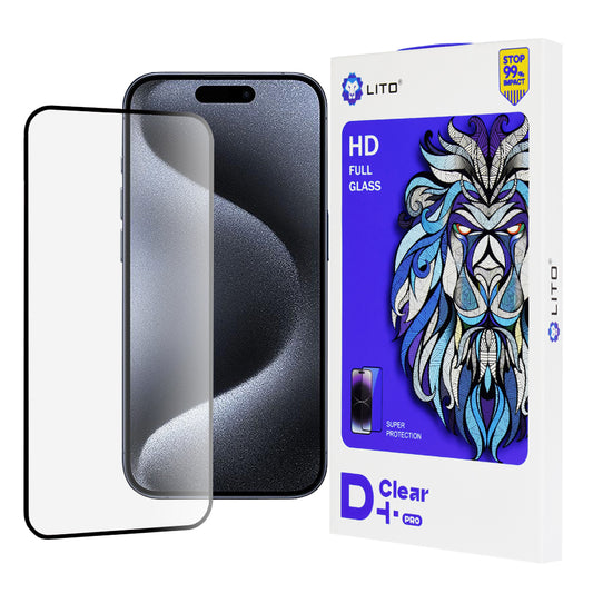 Film de protection d'écran Lito D+ Pro pour Apple iPhone 15 Pro, Verre trempé, Collage complet, Noir