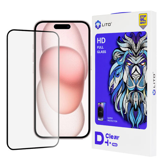Film de protection d'écran Lito D+ Pro pour Apple iPhone 15, Verre trempé, Collage complet, Noir