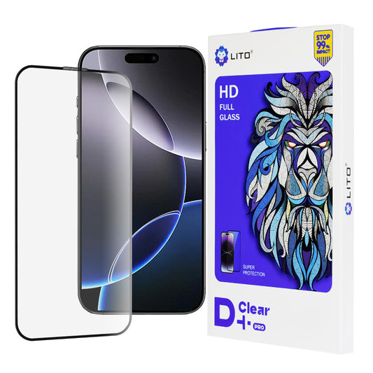 Film de protection d'écran Lito D+ Pro pour Apple iPhone 16 Pro Max, Verre trempé, Collage complet, Noir