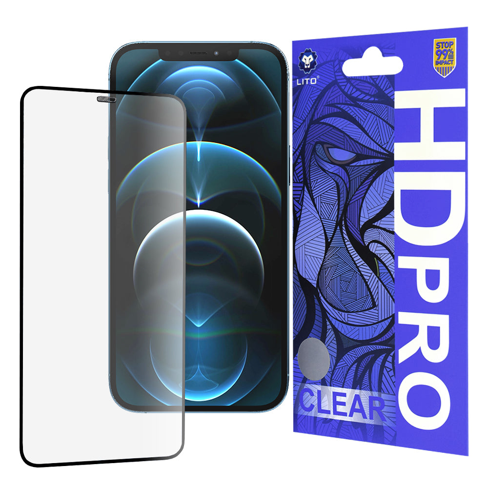 Film de protection écran Lito HD Pro Clear pour Apple iPhone 12 Pro Max, Verre Trempé, Collage Complet, Noir