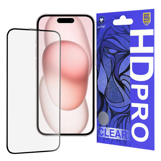 Pellicola protettiva per schermo Lito HD Pro Clear per Apple iPhone 15, Vetro temperato, Full Glue, Nero