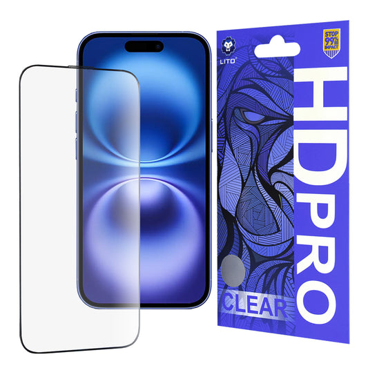 Pellicola protettiva per schermo Lito HD Pro Clear per Apple iPhone 16, Vetro temperato, Full Glue, Nero