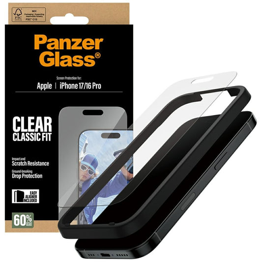Schutzfolie PanzerGlass Classic Fit EasyAligner für Apple iPhone 17 / 16 Pro, gehärtetes Glas, Full Glue