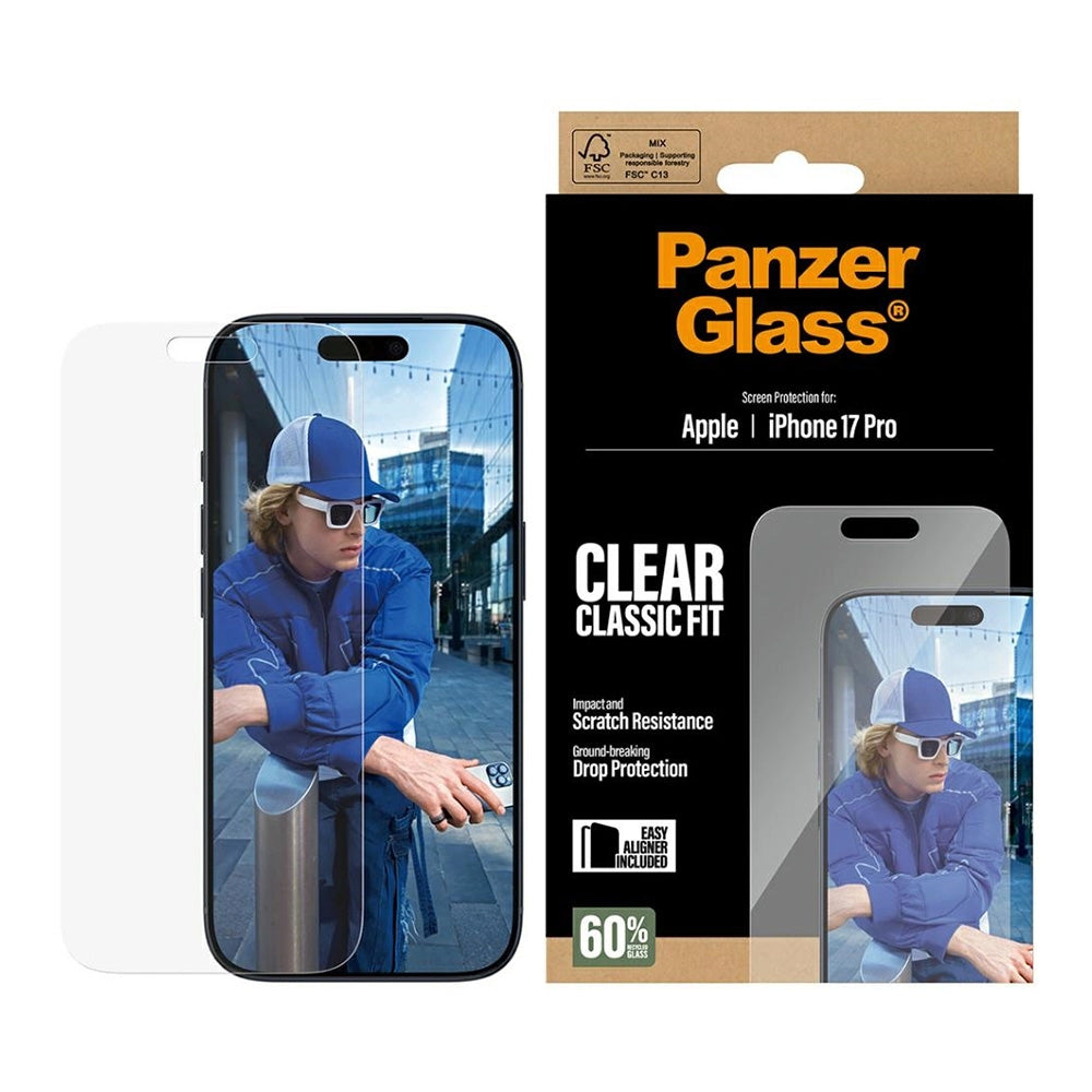Schutzfolie PanzerGlass Classic Fit EasyAligner für Apple iPhone 17 Pro, gehärtetes Glas, Vollverklebung