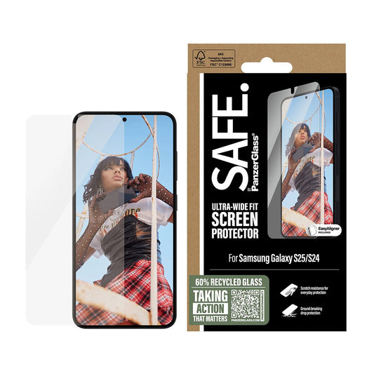 Film de protection d'écran PanzerGlass Safe. Ultra-Wide Fit EasyAligner pour Samsung Galaxy S25 S931 / S24 S921, Verre Trempé, Full Glue