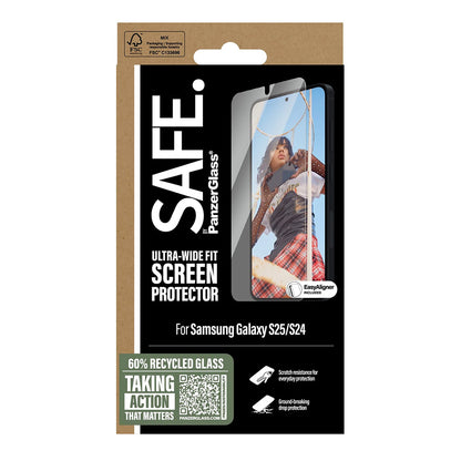 Pellicola protettiva PanzerGlass Safe per schermo. Ultra-Wide Fit EasyAligner per Samsung Galaxy S25 S931 / S24 S921, Vetro Temperato, Full Glue.
