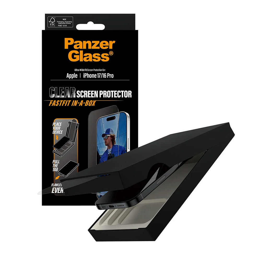 Pellicola Protettiva Schermo PanzerGlass Ultra-Wide Fit Fastfit per Apple iPhone 17 / 16 Pro, Vetro Temperato, Full Glue, Nera
