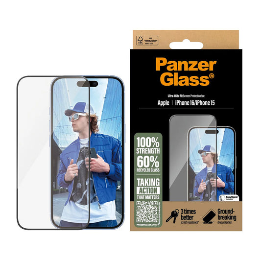 Schutzfolie PanzerGlass Ultra-Wide Fit für Apple iPhone 16 / 15, gehärtetes Glas, Full Glue, Schwarz