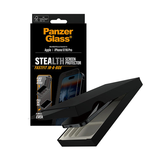 Pellicola Protettiva Schermo PanzerGlass Ultra-Wide Fit Stealth Fastfit per Apple iPhone 17 / 16 Pro, Vetro Temperato, Full Glue, Nera