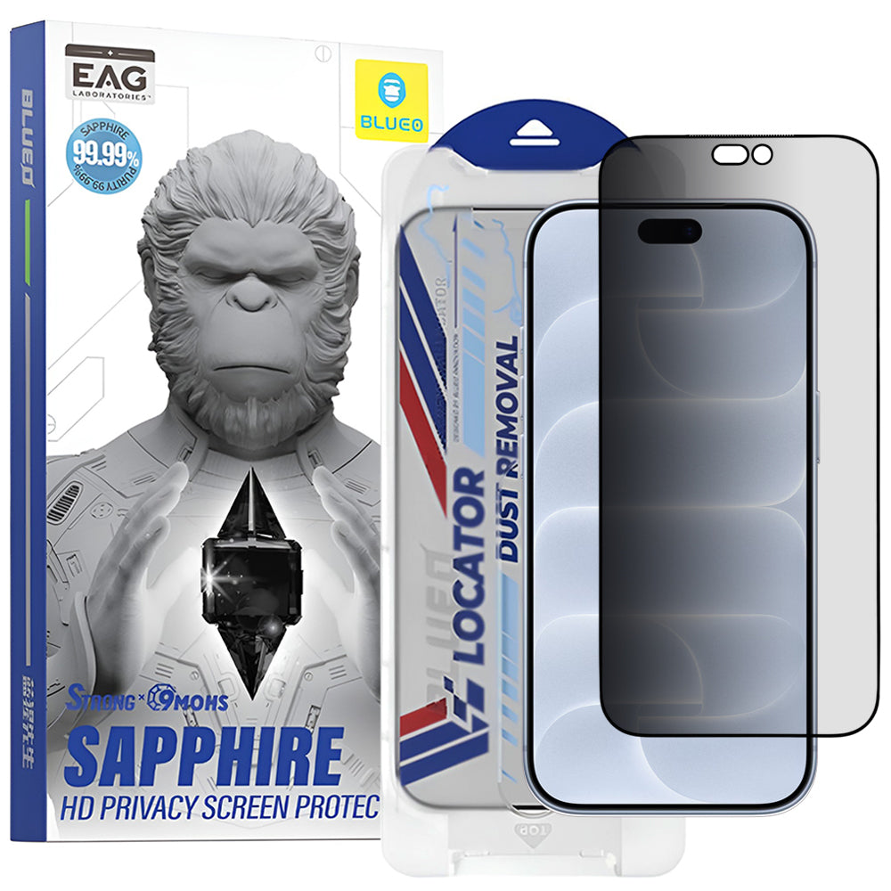 Blueo Premium Sapphire Applicator Privacy-Displayschutzfolie für Apple iPhone 18 Pro, gehärtetes Glas, vollflächig klebend