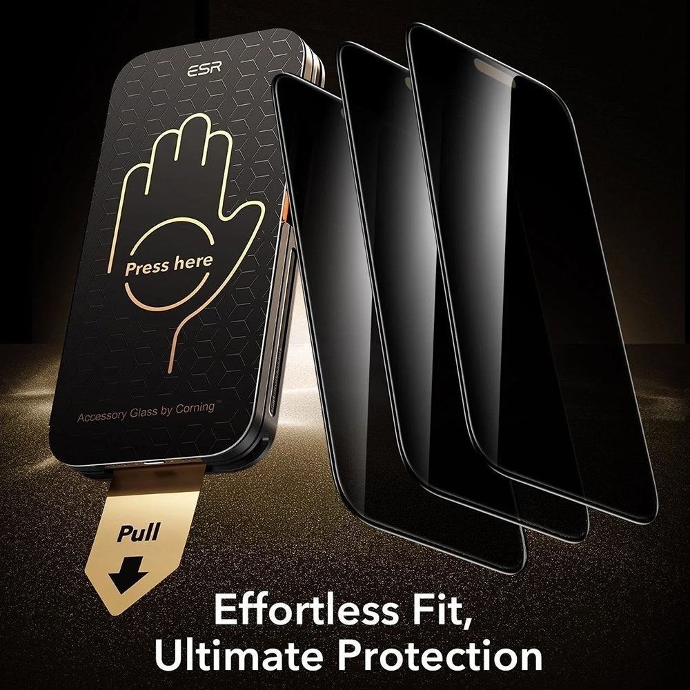 Pellicola protettiva per schermo Privacy ESR Armorite Pro UltraFit per Apple iPhone 18 Pro, Vetro temperato, Full Glue, Set da 3 pezzi