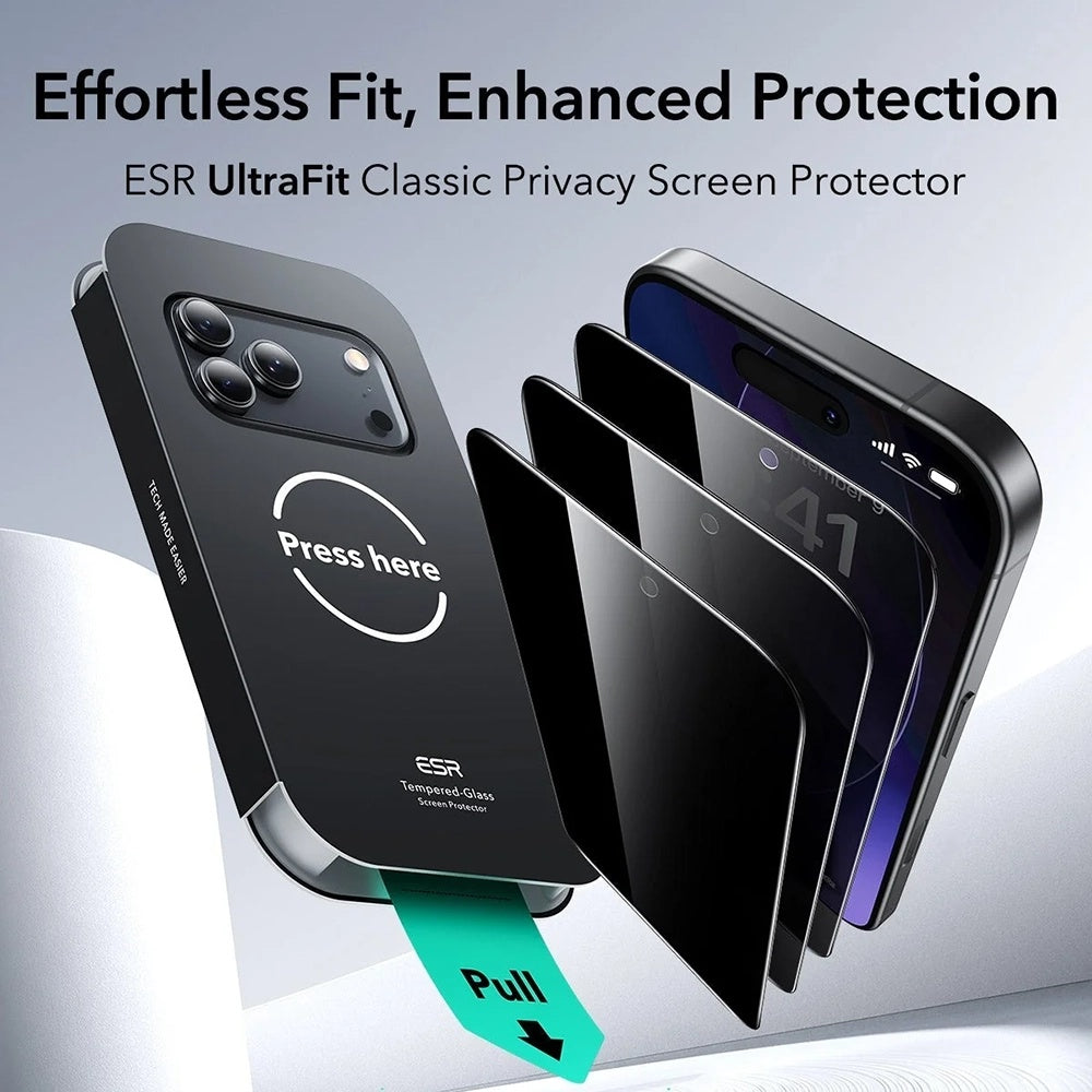 Pellicola protettiva per schermo Privacy ESR UltraFit Classic per Apple iPhone 18 Pro Max, Vetro temperato, Full Glue, Set da 3 pezzi