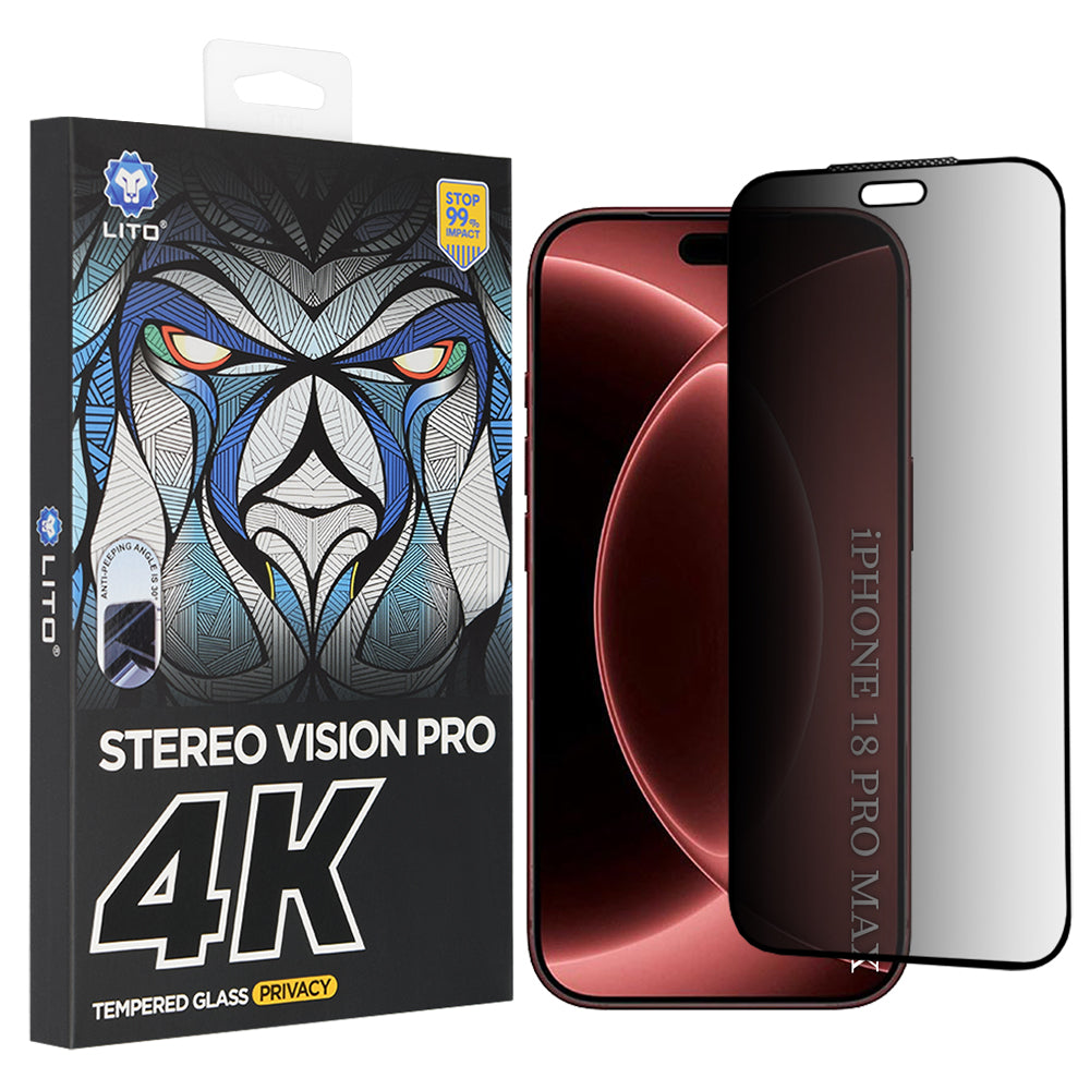 Pellicola protettiva per schermo Privacy Lito D+ Max 4K per Apple iPhone 18 Pro Max, Vetro temperato, Full Glue