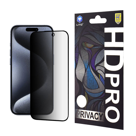 Pellicola protettiva per schermo Privacy Lito HD Pro per Apple iPhone 15 Pro, Vetro temperato, Full Glue