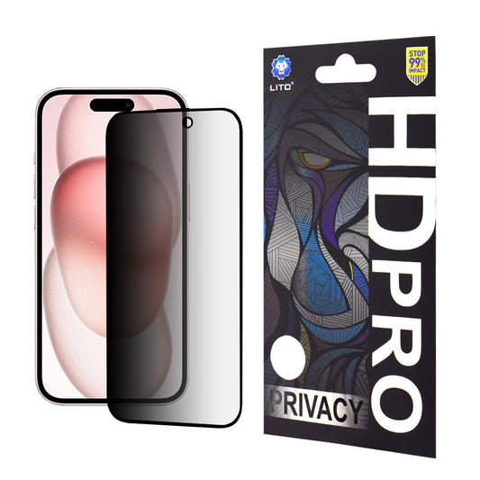 Film de protection d'écran Privacy Lito HD Pro pour Apple iPhone 15, Verre trempé, Collage intégral