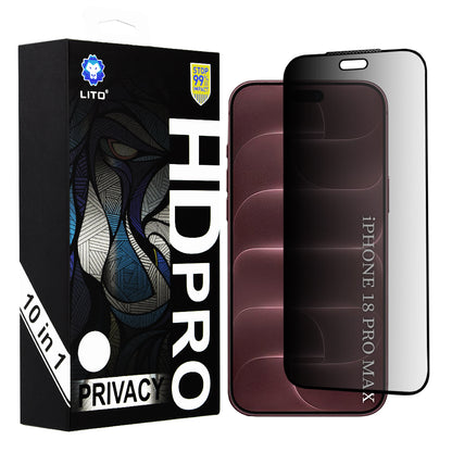 Pellicola protettiva Privacy Lito HD Pro per schermo Apple iPhone 18 Pro Max, vetro temperato, adesivo integrale, confezione da 10 pezzi