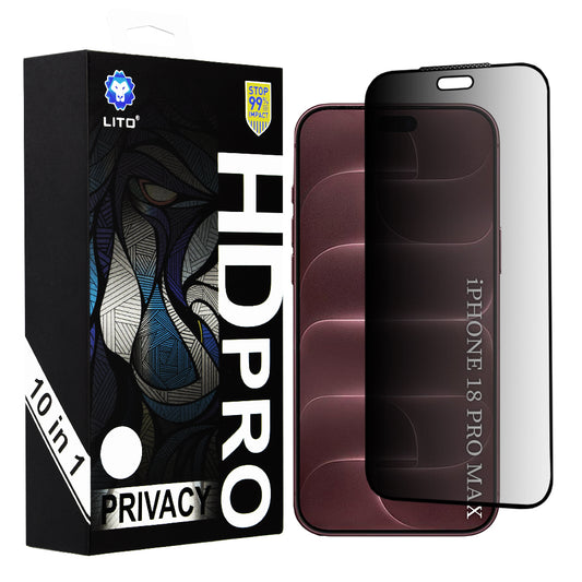 Film de protection d’écran Privacy Lito HD Pro pour Apple iPhone 18 Pro Max, verre trempé, adhésif intégral, lot de 10 pièces