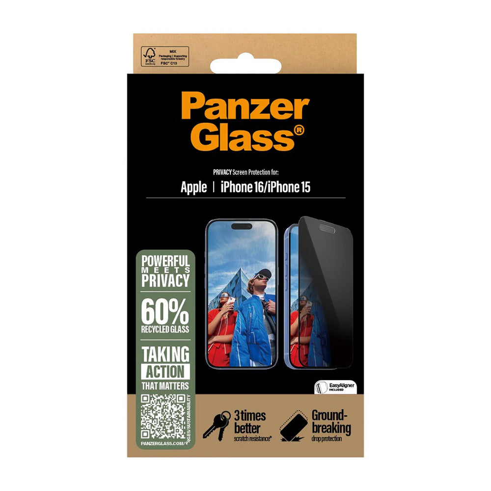 Film de protection écran Privacy PanzerGlass Ultra-Wide Fit EasyAligner pour Apple iPhone 16 / 15, Verre Trempé, Full Glue