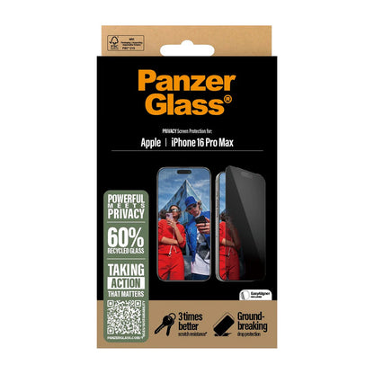 Pellicola Protettiva Schermo Privacy PanzerGlass Ultra-Wide Fit EasyAligner per Apple iPhone 16 Pro Max, Vetro Temperato, Full Glue