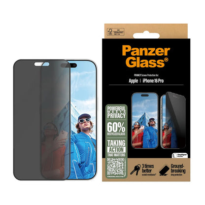 Film de protection écran Privacy PanzerGlass Ultra-Wide Fit EasyAligner pour Apple iPhone 16 Pro, Verre Trempé, Full Glue