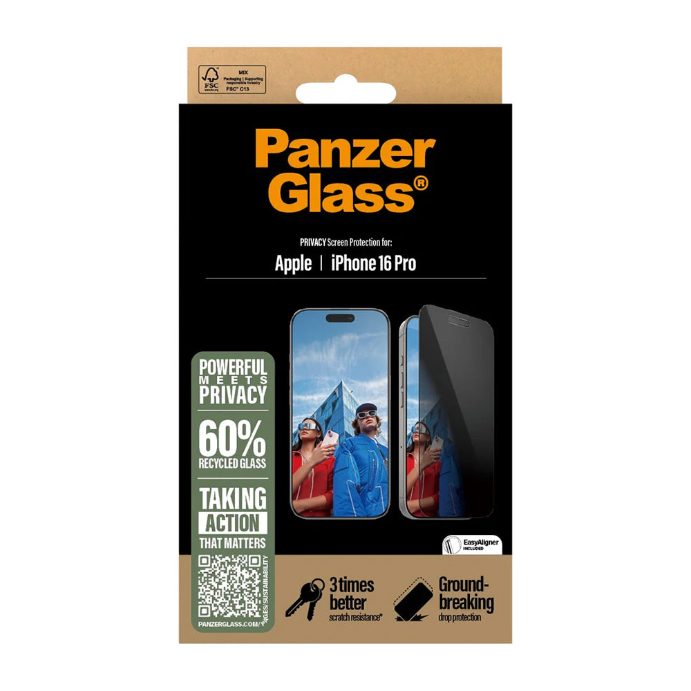 Film de protection écran Privacy PanzerGlass Ultra-Wide Fit EasyAligner pour Apple iPhone 16 Pro, Verre Trempé, Full Glue