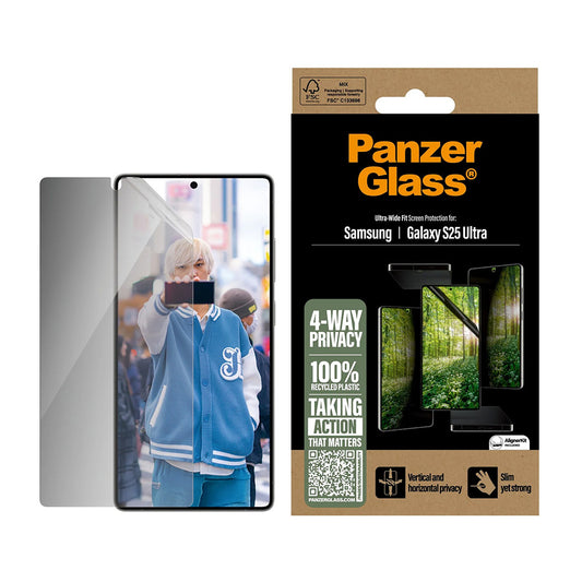 Film de protection écran Privacy PanzerGlass Ultra-Wide Fit Eco Matrix 4-Way pour Samsung Galaxy S25 Ultra S938, Verre Trempé, Full Glue