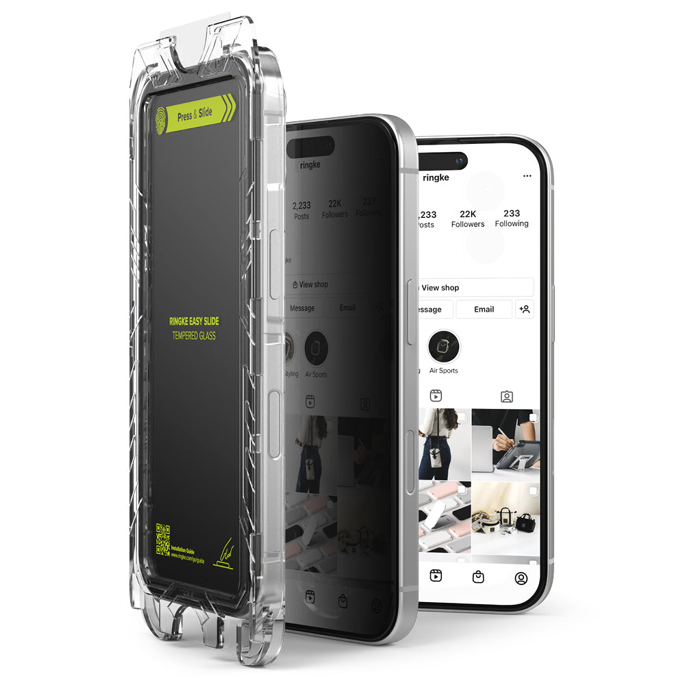 Film de protection d'écran Privacy Ringke Easy Slide pour Apple iPhone 16 Plus / 15 Plus, Verre Trempé, Full Glue, Set de 2 pièces