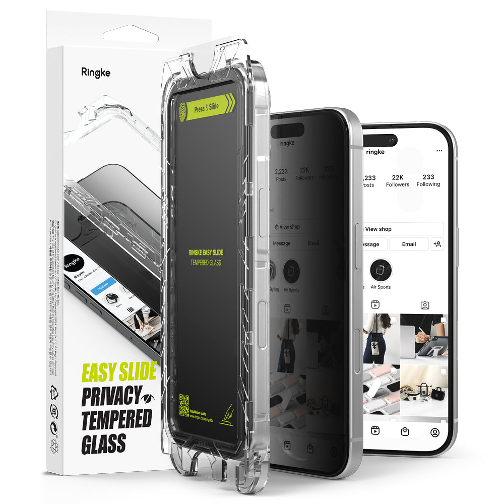 Film de protection d'écran Privacy Ringke Easy Slide pour Apple iPhone 16 Plus / 15 Plus, Verre Trempé, Full Glue, Set de 2 pièces