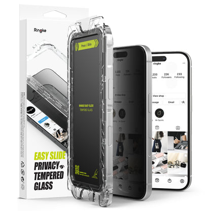 Film de protection d'écran Privacy Ringke Easy Slide pour Apple iPhone 16 Plus / 15 Plus, Verre Trempé, Full Glue, Set de 2 pièces