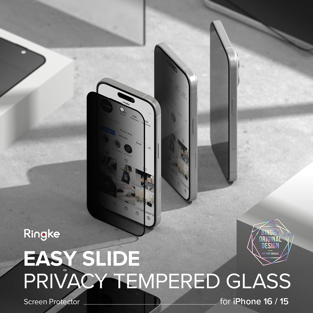 Film de protection d'écran Privacy Ringke Easy Slide pour Apple iPhone 16 Plus / 15 Plus, Verre Trempé, Full Glue, Set de 2 pièces