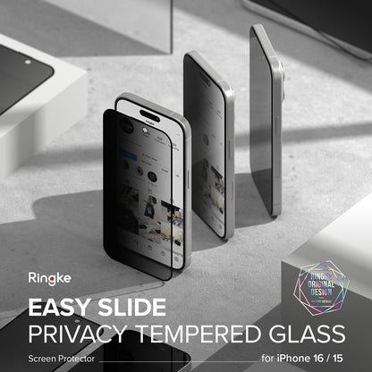 Film de protection d'écran Privacy Ringke Easy Slide pour Apple iPhone 16 Plus / 15 Plus, Verre Trempé, Full Glue, Set de 2 pièces