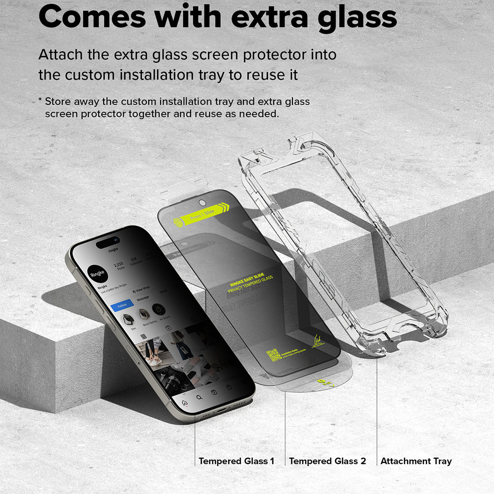 Film de protection d'écran Privacy Ringke Easy Slide pour Apple iPhone 16 Plus / 15 Plus, Verre Trempé, Full Glue, Set de 2 pièces