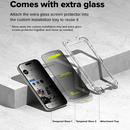 Film de protection d'écran Privacy Ringke Easy Slide pour Apple iPhone 16 Plus / 15 Plus, Verre Trempé, Full Glue, Set de 2 pièces