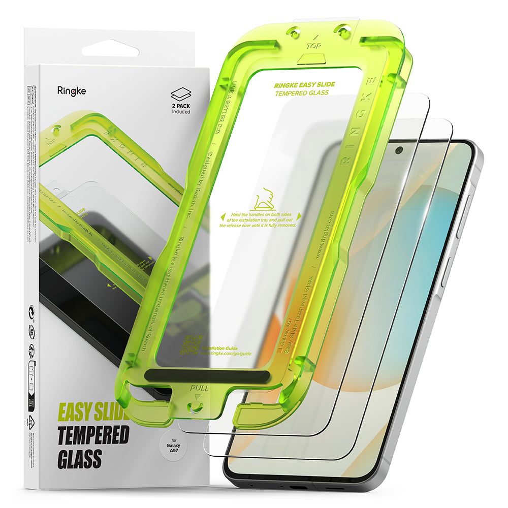Schutzfolie Ringke Easy Slide für Samsung Galaxy A57 5G, gehärtetes Glas, Vollkleber, Set mit 2 Stück.